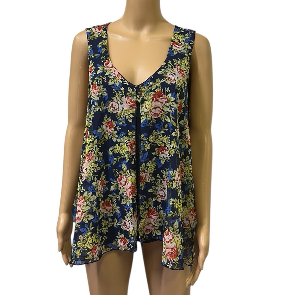 Lavish Blue Green Floral Layered Open Front Swing Top Sleeveless Blouse Size XL